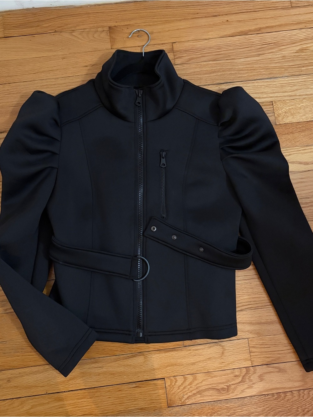 Zara Black Puff-Sleeve Zip-Up Belted Jacket
